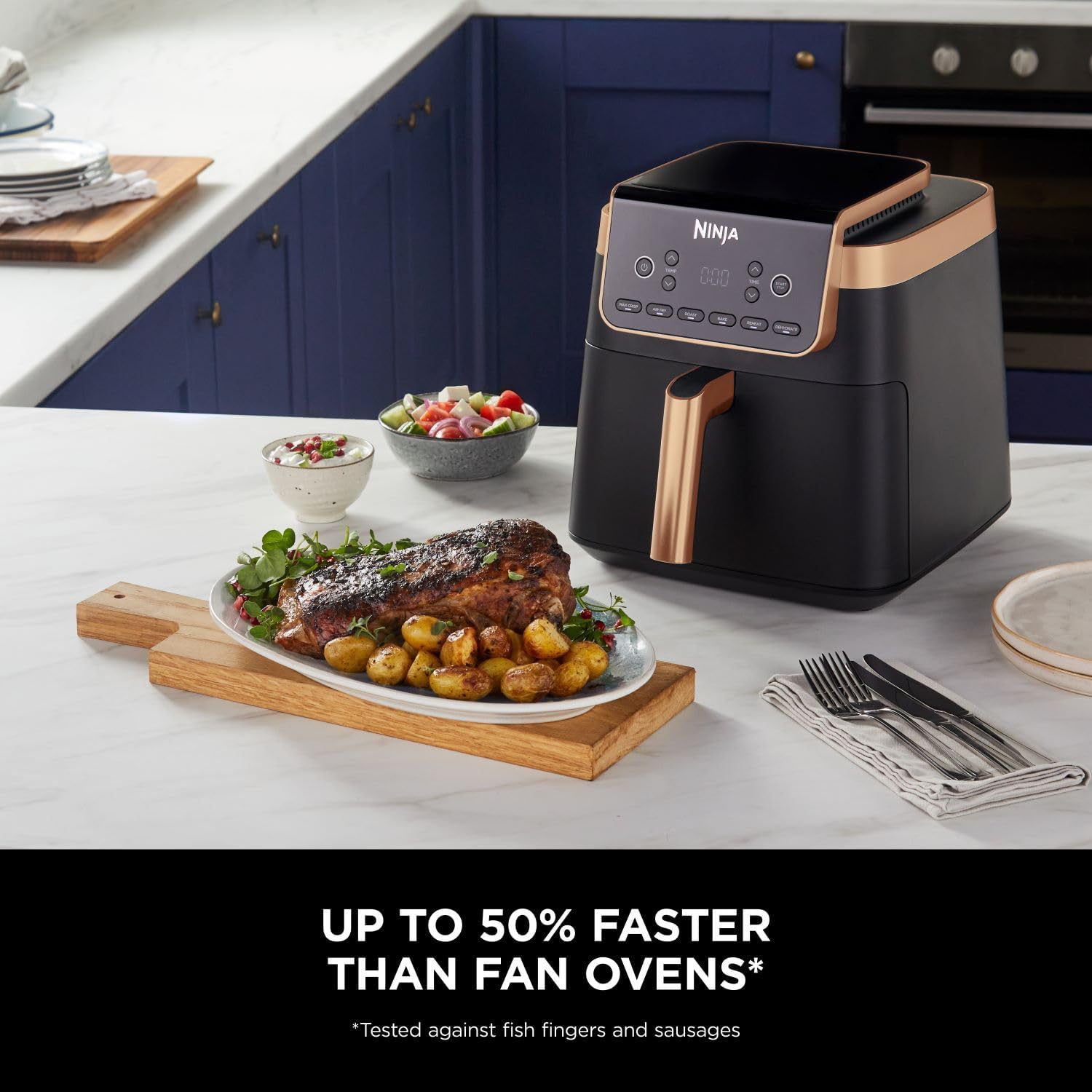 Ninja Air Fryer MAX PRO, 6.2L, Uses No Oil, Large Square Single Drawer, Roast, Bake, Air Fry, Family Size, Non-Stick, Dishwasher Safe Basket & Crisper Plate, Silicone Tongs, Black & Copper, AF180UKCP-5