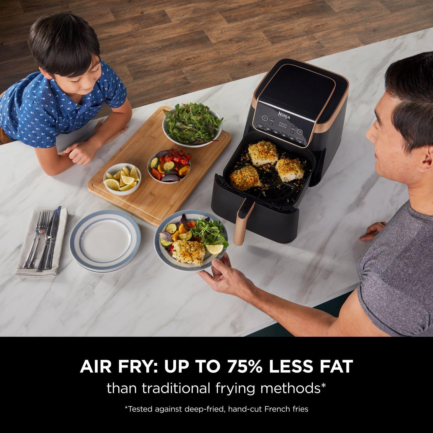 Ninja Air Fryer MAX PRO, 6.2L, Uses No Oil, Large Square Single Drawer, Roast, Bake, Air Fry, Family Size, Non-Stick, Dishwasher Safe Basket & Crisper Plate, Silicone Tongs, Black & Copper, AF180UKCP-6