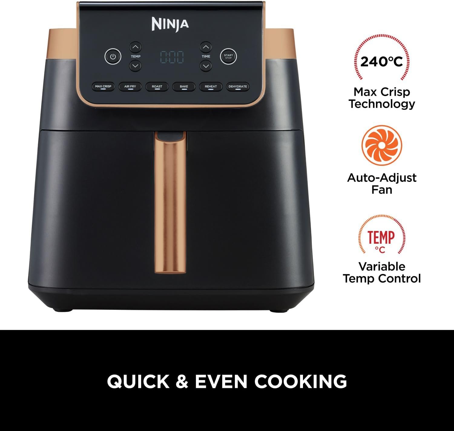 Ninja Air Fryer MAX PRO, 6.2L, Uses No Oil, Large Square Single Drawer, Roast, Bake, Air Fry, Family Size, Non-Stick, Dishwasher Safe Basket & Crisper Plate, Silicone Tongs, Black & Copper, AF180UKCP-7