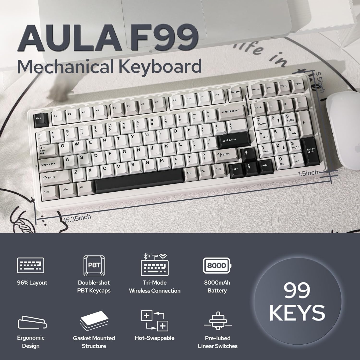 EPOMAKER x AULA F99 Wireless Mechanical Keyboard, Hot Swappable Gasket Custom Gaming Keyboard with Five-Layer Padding, Bluetooth/2.4GHz/USB-C, 8000mAh Battery (White Grey, Nimbus V3 Switch)-1