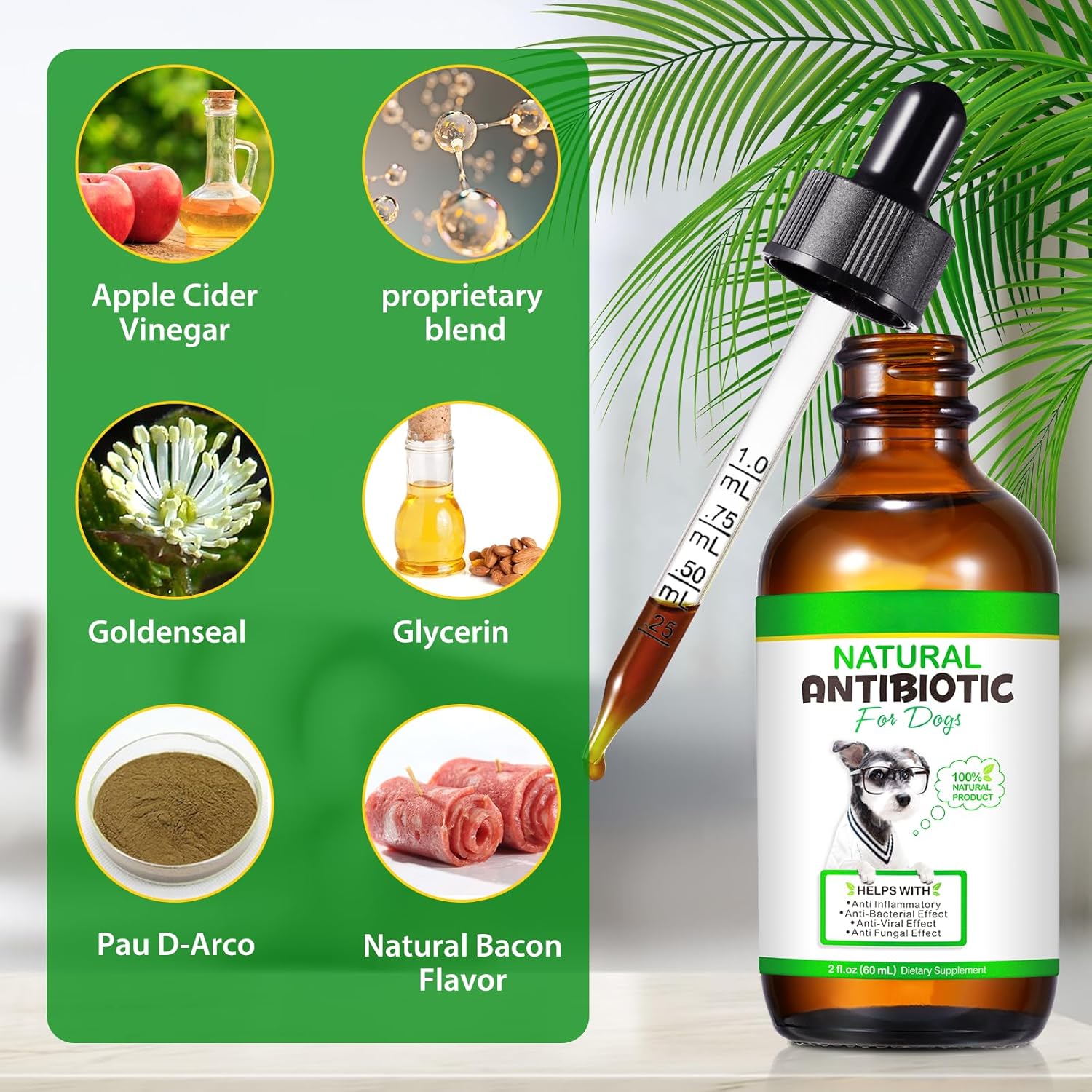 Dog Antibiotics,Antibiotics for Dogs, Natural Dog Antibiotics Supports Dog Allergy & Itch Relief, Yeast Infection Treatment for Dogs Dog Supplies Antibiotics Bacon Flavor - 60ml (60ml)-1