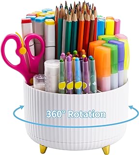 Marbrasse Desk Organiser,360-Degree Rotating Pen Holder for Desk,Desk Organisers and Accessories with 5 Compartments Pencil Organiser, Organisers Storage Box Caddy for Office,Home (White)