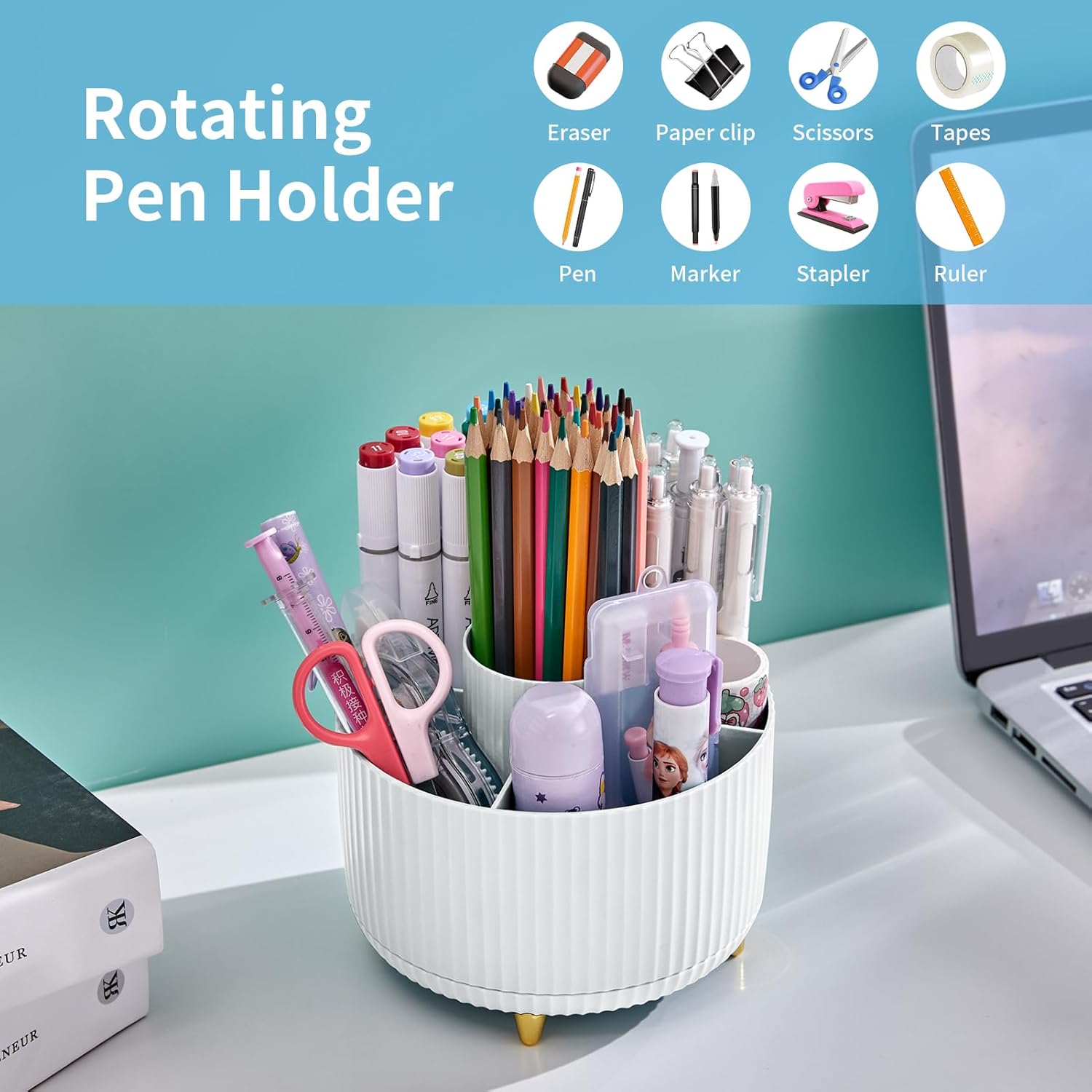 Marbrasse Desk Organiser,360-Degree Rotating Pen Holder for Desk,Desk Organisers and Accessories with 5 Compartments Pencil Organiser, Organisers Storage Box Caddy for Office,Home (White)-1