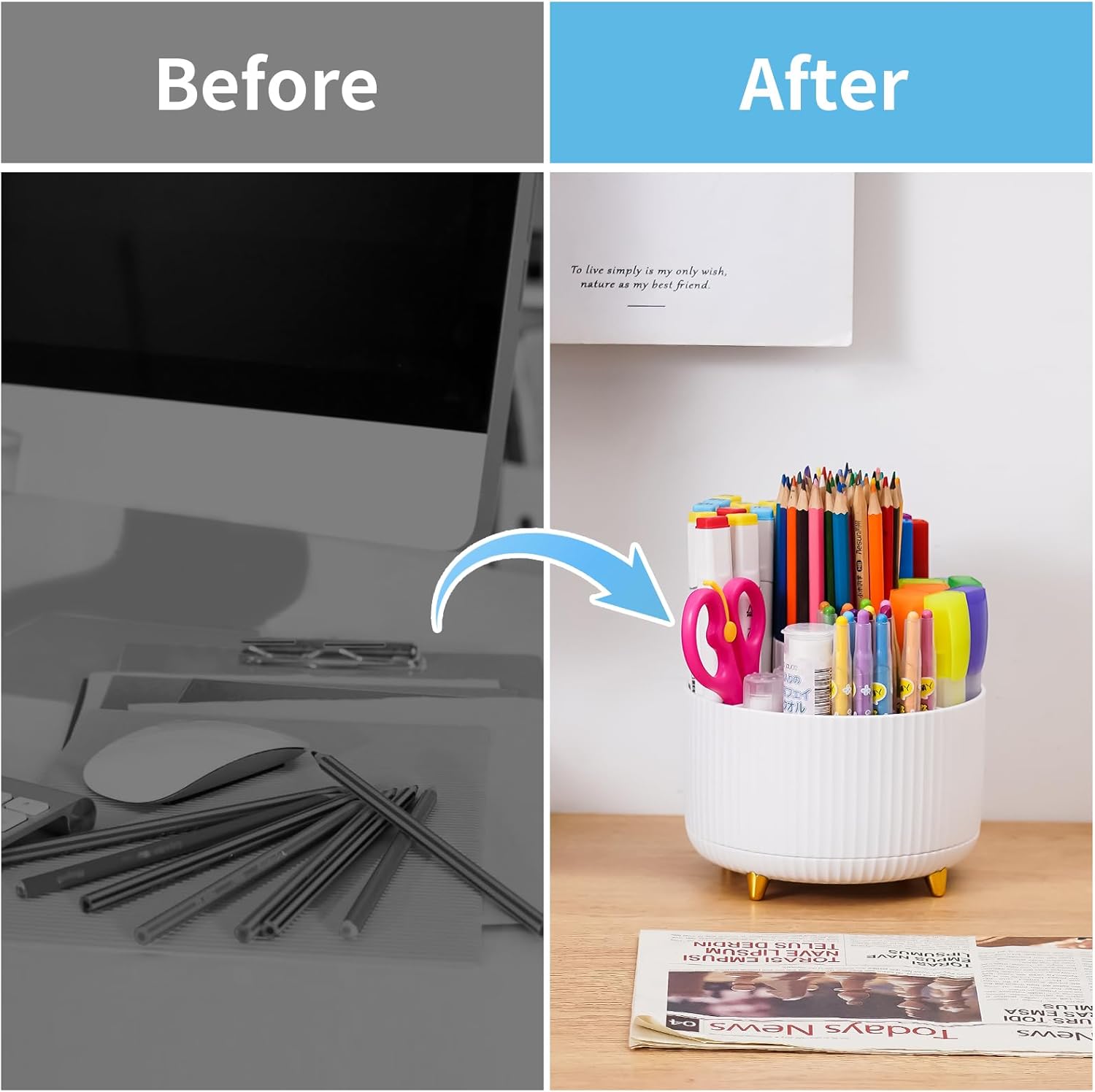 Marbrasse Desk Organiser,360-Degree Rotating Pen Holder for Desk,Desk Organisers and Accessories with 5 Compartments Pencil Organiser, Organisers Storage Box Caddy for Office,Home (White)-2