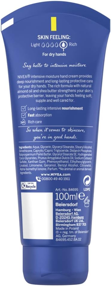 NIVEA Intensive Moisture Hand Cream (100ml), Nourishing Hand Cream with Almond Oil and Shea Butter, Daily Intensive Moisturising Hand Lotion for Dry Hands (Pack of 2)-1