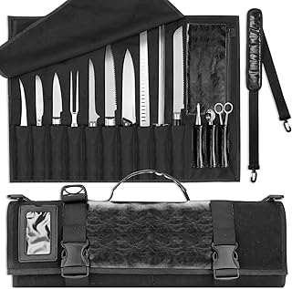 WISEPRO Chefs Knife Roll Bag, Heavy Duty Canvas & Leather Knife Case, Waterproof Knife Case with 10 Slots & 1 Detachable Storage Bag, for Home Kitchen Camping Hiking