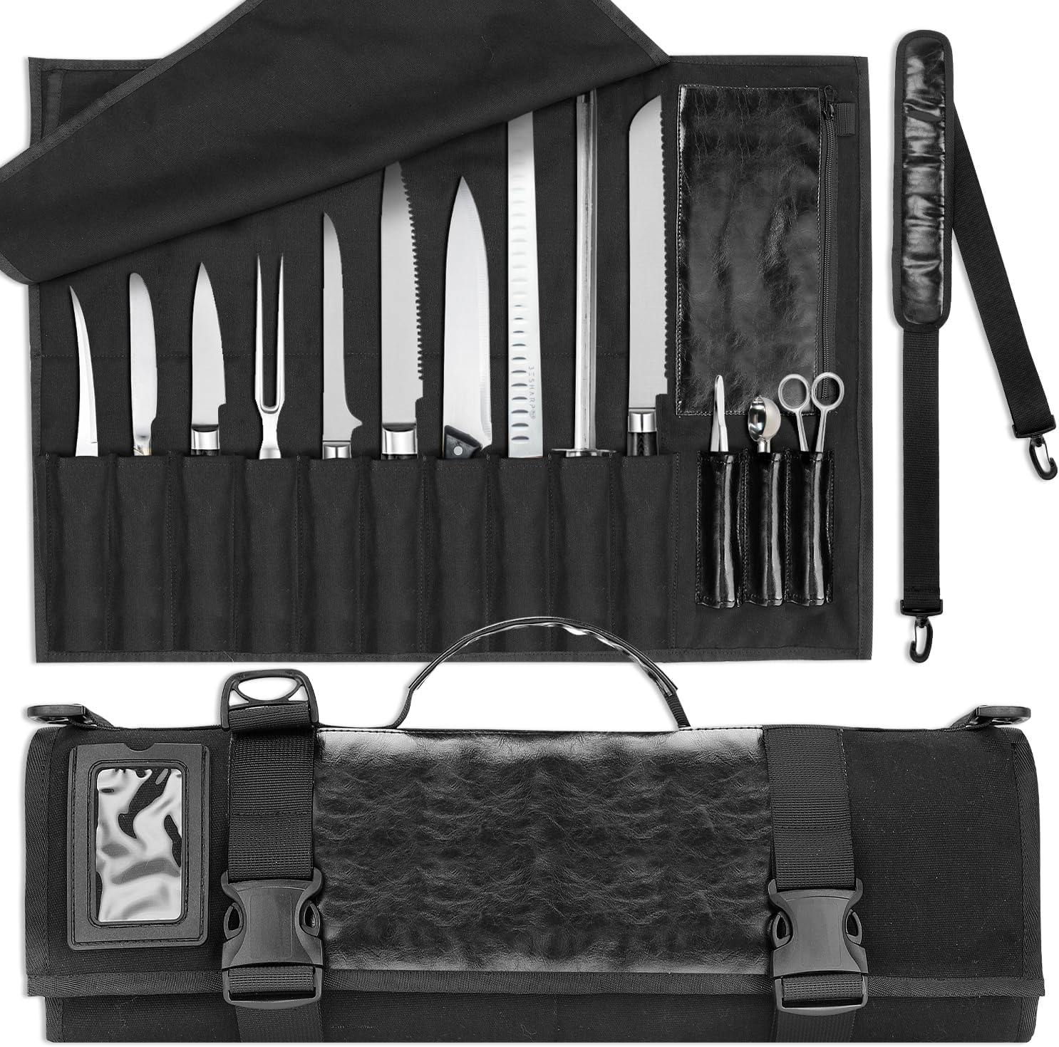 WISEPRO Chefs Knife Roll Bag, Heavy Duty Canvas & Leather Knife Case, Waterproof Knife Case with 10 Slots & 1 Detachable Storage Bag, for Home Kitchen Camping Hiking-0