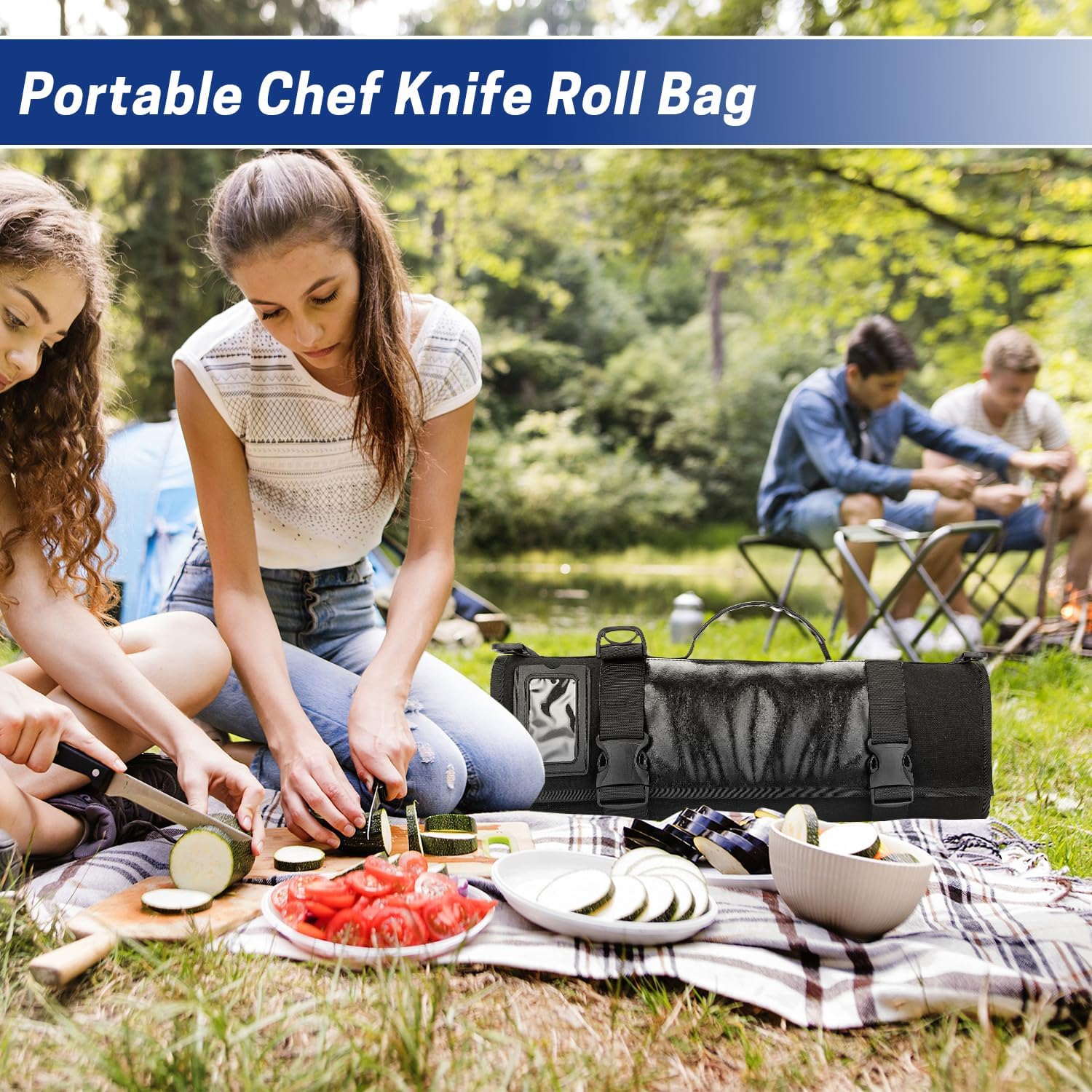 WISEPRO Chefs Knife Roll Bag, Heavy Duty Canvas & Leather Knife Case, Waterproof Knife Case with 10 Slots & 1 Detachable Storage Bag, for Home Kitchen Camping Hiking-5