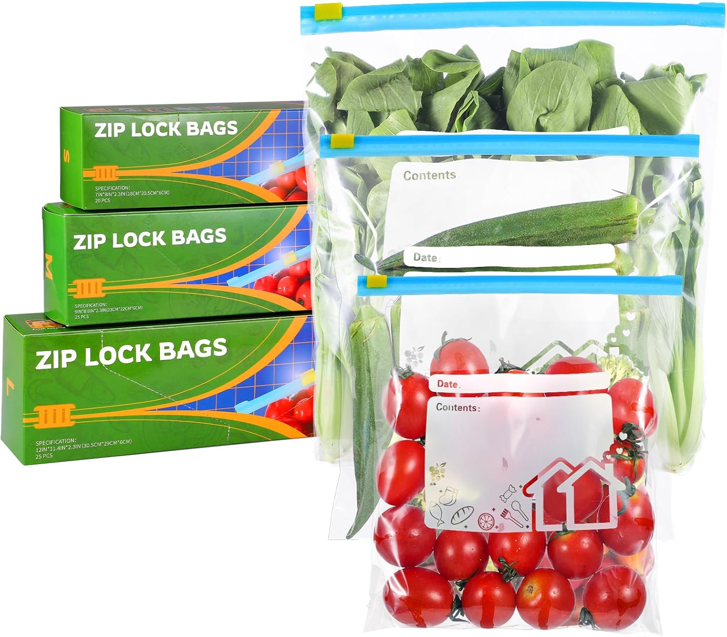 70 Pcs Food Storage Freezer Bags, 3 Sizes Zip Lock Bags (4.55L, 2.27L, 1L), Reusable Ziplock Bags Sandwich Bags with Expandable Bottom, Heavy Duty Food Bags for Fruits, Veggies, Meat, Snacks-0