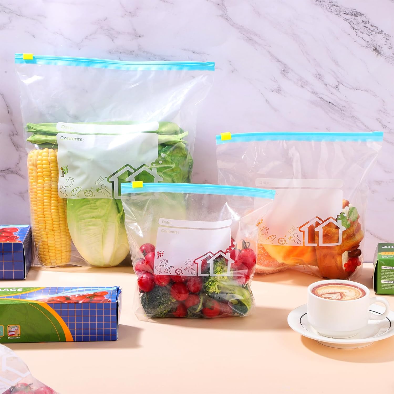 70 Pcs Food Storage Freezer Bags, 3 Sizes Zip Lock Bags (4.55L, 2.27L, 1L), Reusable Ziplock Bags Sandwich Bags with Expandable Bottom, Heavy Duty Food Bags for Fruits, Veggies, Meat, Snacks-4