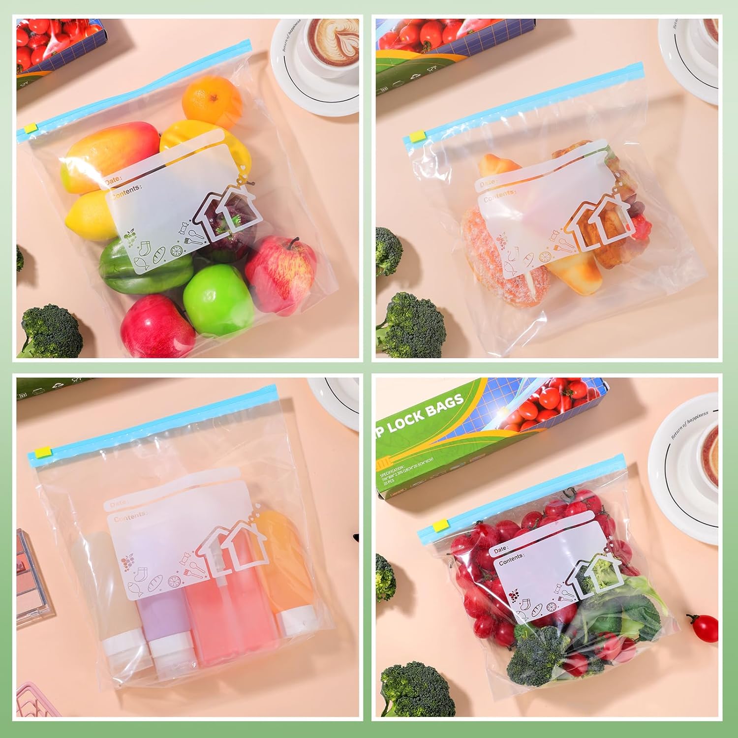 70 Pcs Food Storage Freezer Bags, 3 Sizes Zip Lock Bags (4.55L, 2.27L, 1L), Reusable Ziplock Bags Sandwich Bags with Expandable Bottom, Heavy Duty Food Bags for Fruits, Veggies, Meat, Snacks-6