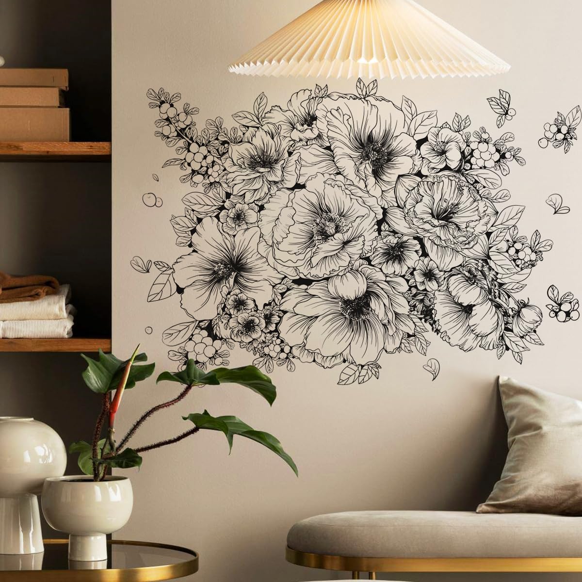 Runtoo Large Black and White Flower Wall Art Decals Boho Floral Wall Stickers for Bedroom Living Room Office Adult Home Decor-1