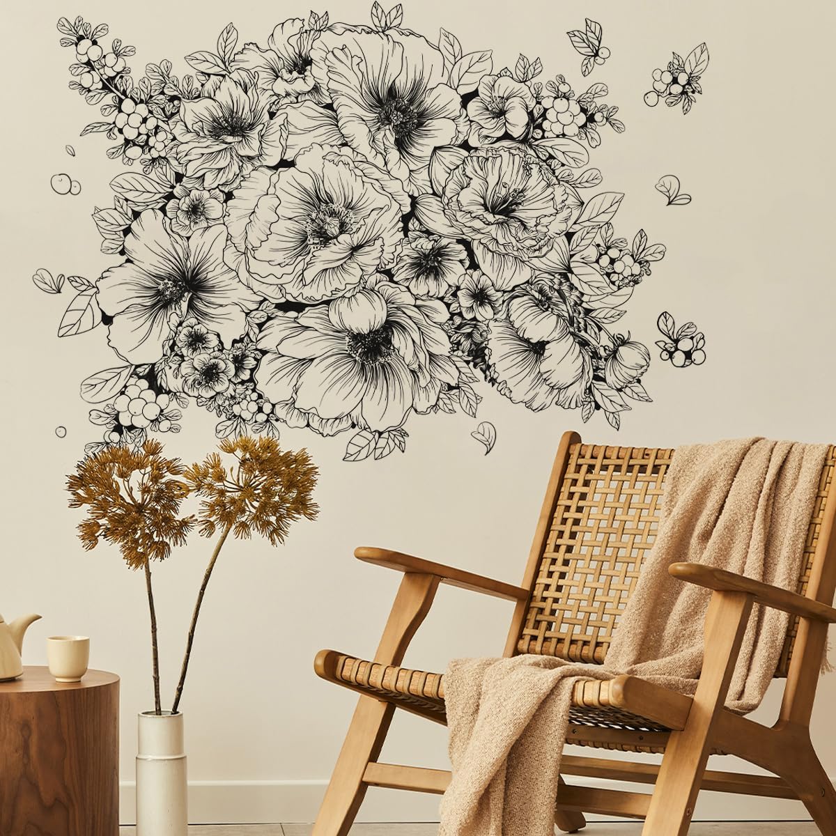 Runtoo Large Black and White Flower Wall Art Decals Boho Floral Wall Stickers for Bedroom Living Room Office Adult Home Decor-2