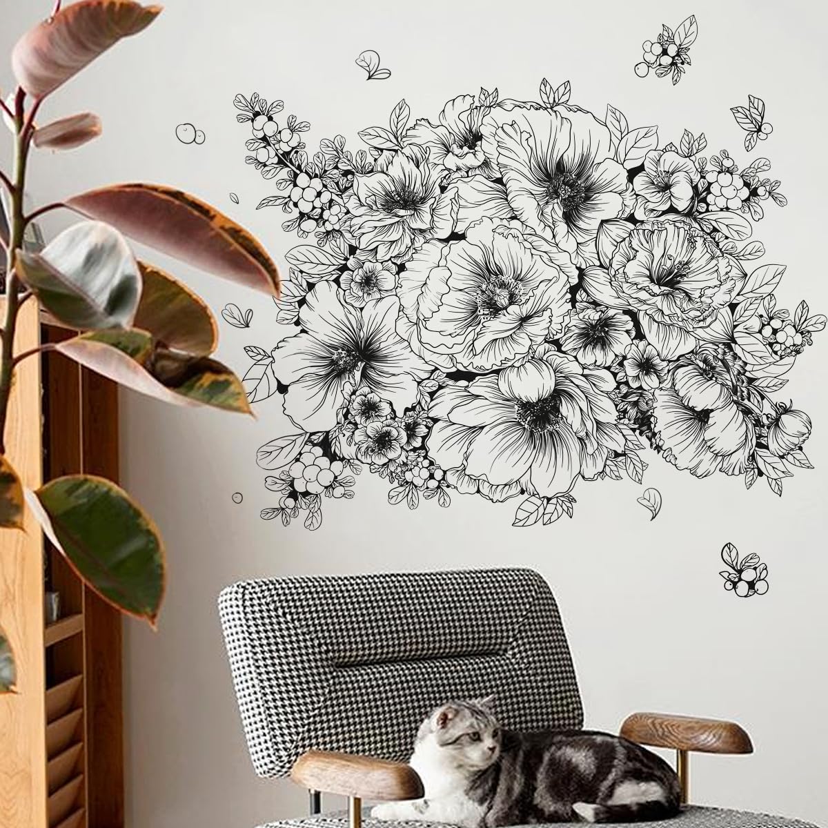 Runtoo Large Black and White Flower Wall Art Decals Boho Floral Wall Stickers for Bedroom Living Room Office Adult Home Decor-3