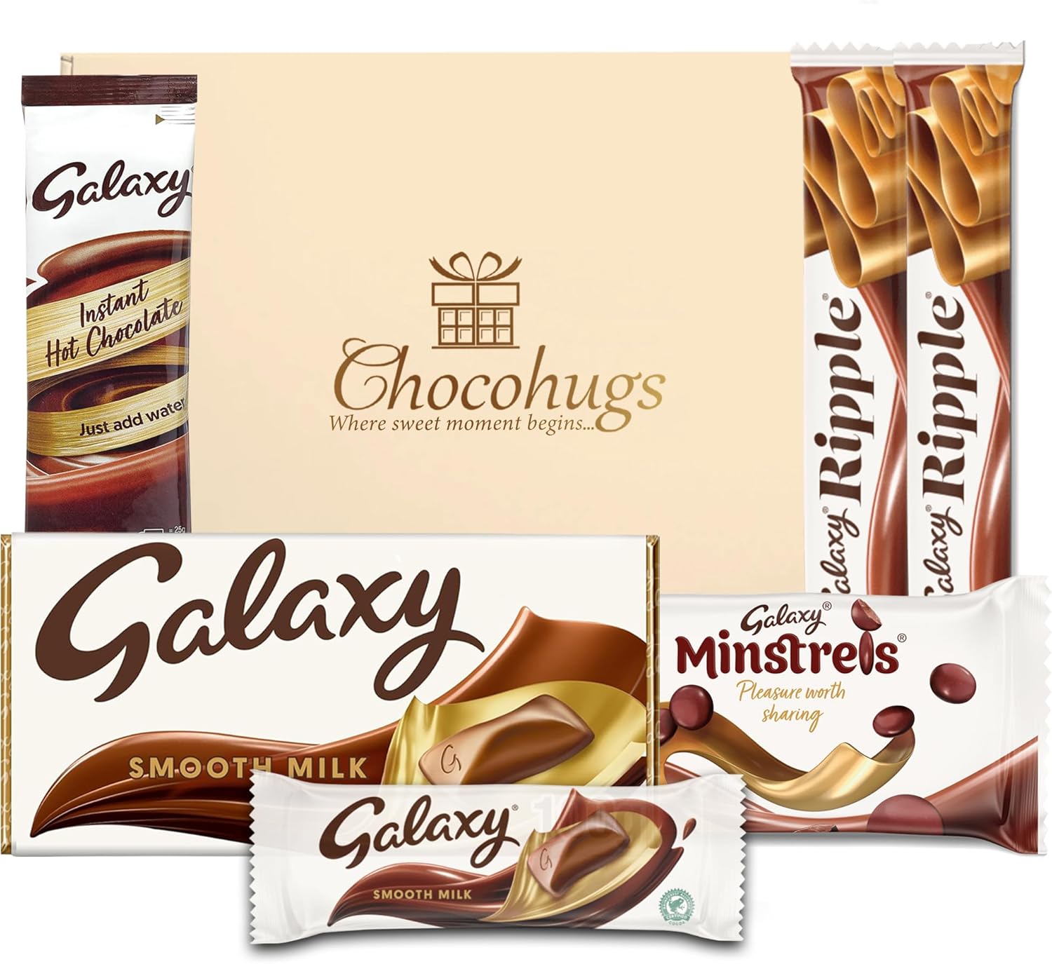 Chocohugs Chocolate Gift Hamper Box | Filled with Galaxy Full Sized Bars Smooth Milk, Minstrels, Hot Chocolate | Letter Box Friendly | Box of Chocolates Gift Hamper | Sweet Treat Box-2