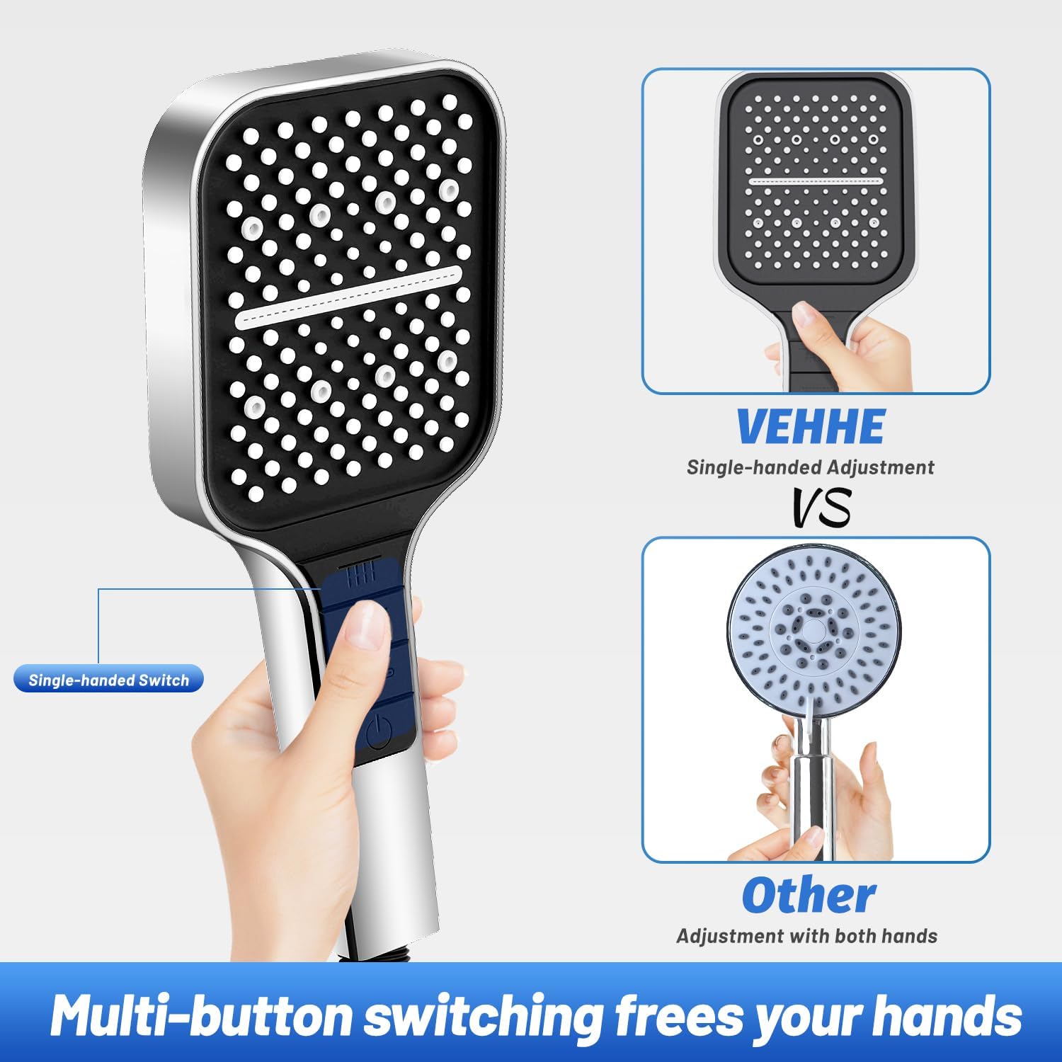 VEHHE Shower Head (NOT for Electric Showers), 7 Spray Modes Shower Heads, Large Universal Shower Head with Non-Clogging Silicone Nozzles, Single Handheld Adjustable Square Shower Head for Home,Gym-3