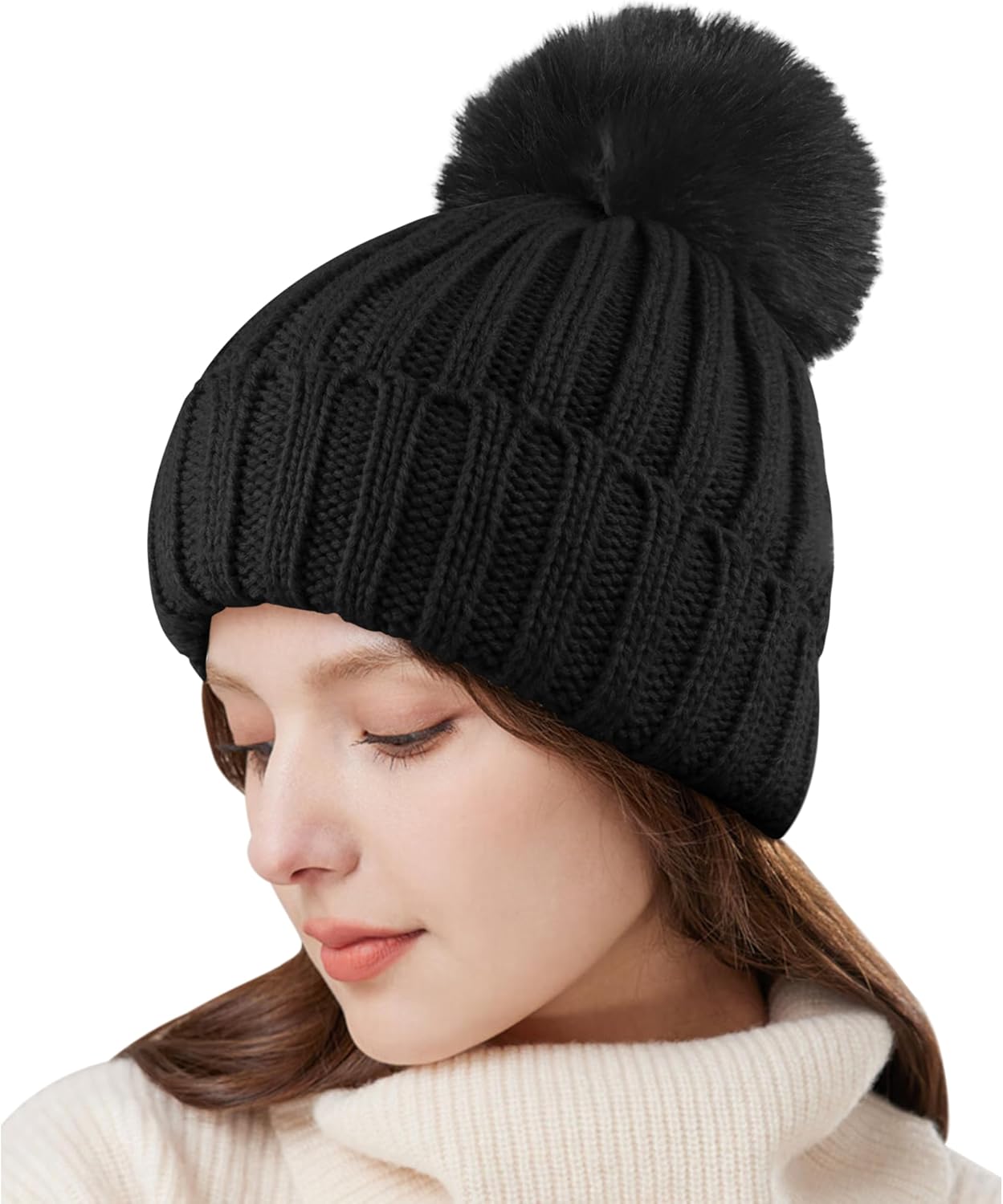 KEECOW Beanie Hats for Women, Womens Winter Hats, Thermal Warm Winter Hats for Women Outdoor Sports with Detachable Pom Pom-4