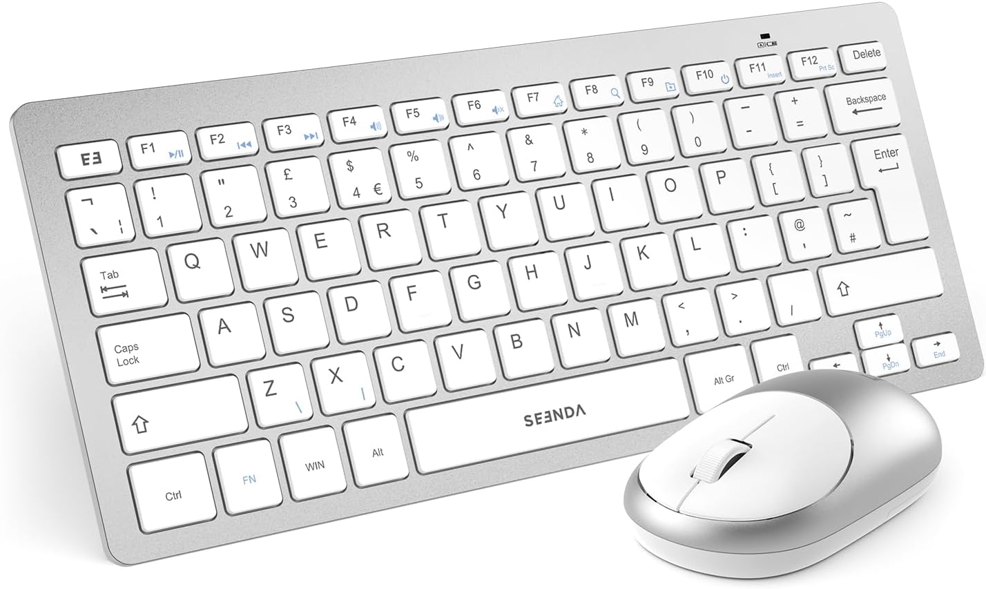 seenda Small Wireless Keyboard and Mouse Set, 2.4G Ultra Slim Portable Compact Cordless Keyboard & Mouse Combo UK QWERTY Layout for PC Computer Laptop Desktop - Home/Office/Travel, White and Silver-0