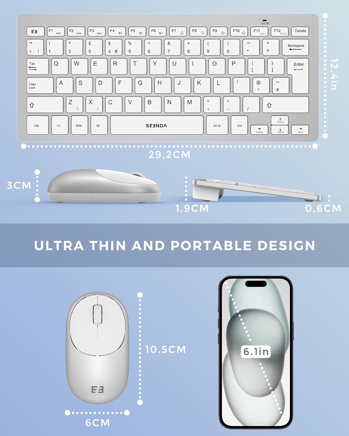 seenda Small Wireless Keyboard and Mouse Set, 2.4G Ultra Slim Portable Compact Cordless Keyboard & Mouse Combo UK QWERTY Layout for PC Computer Laptop Desktop - Home/Office/Travel, White and Silver-1