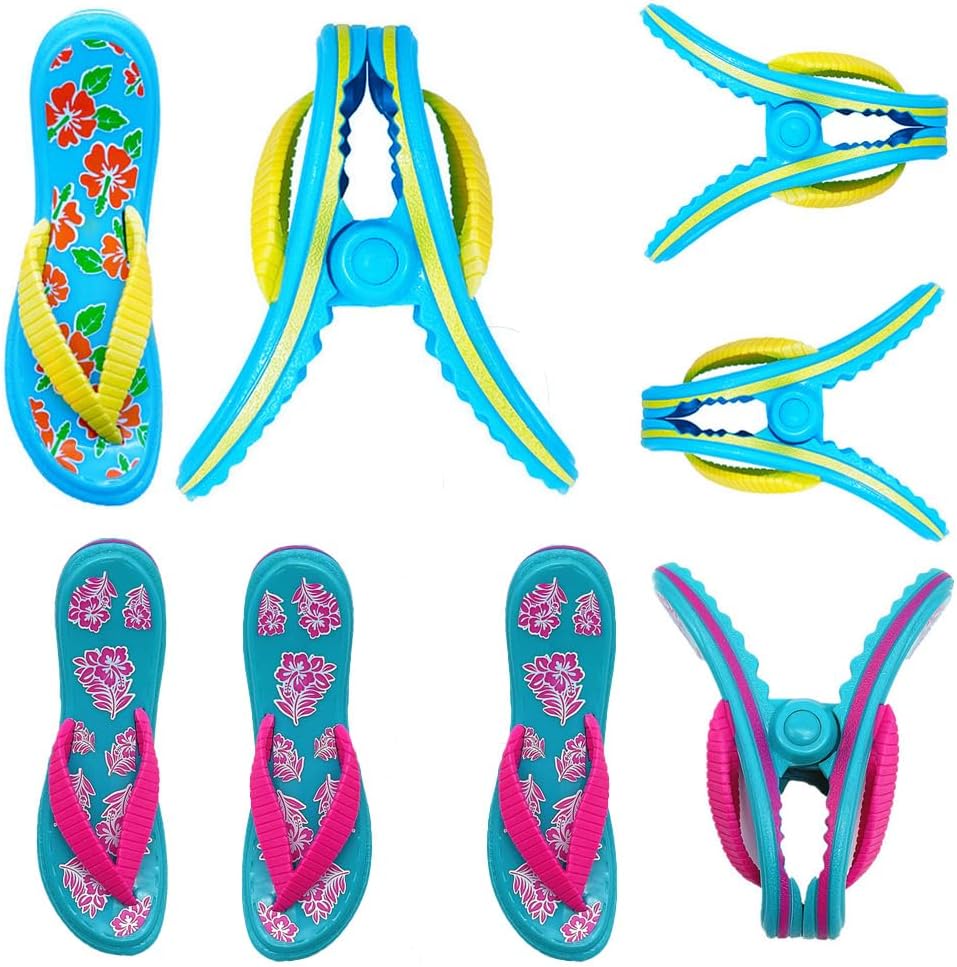 TRIXES 8PC Novelty Flip Flop Beach Towel Pegs – Secure Sun Lounger Travel Clips Indoor & Outdoor Use – Jumbo Clip for the Beach, Garden, Pool, Sun Bed or Deck Chair – Laundry Quilt & Clothes Peg-0