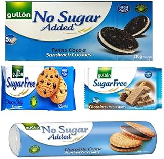 Gullon Sugar Free Mixed Chocolate Variety Selection Biscuits, Cocoa Sandwich, Chocolate Wafer, Chocolate chip cookies, Cream sandwich cookies, Perfect for sharing & Gifting (1 Bundle)