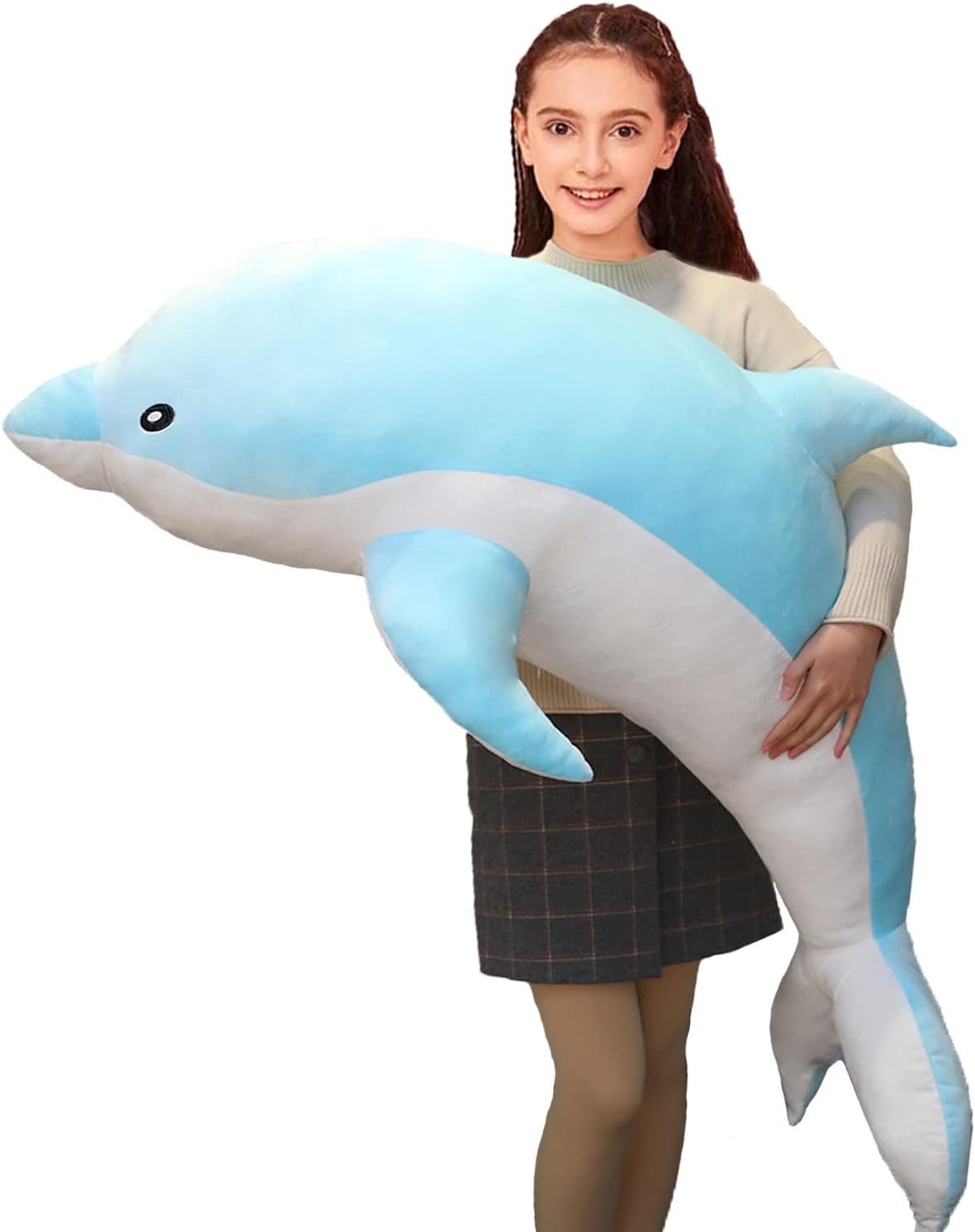 Aiuidun Dolphin Stuffed Animals Plush Pillow Super Soft Sea Animal Plush Toys Dolls for Boys Girls Sleeping Cushion Gift (Blue, 120cm/47.24inch)-0