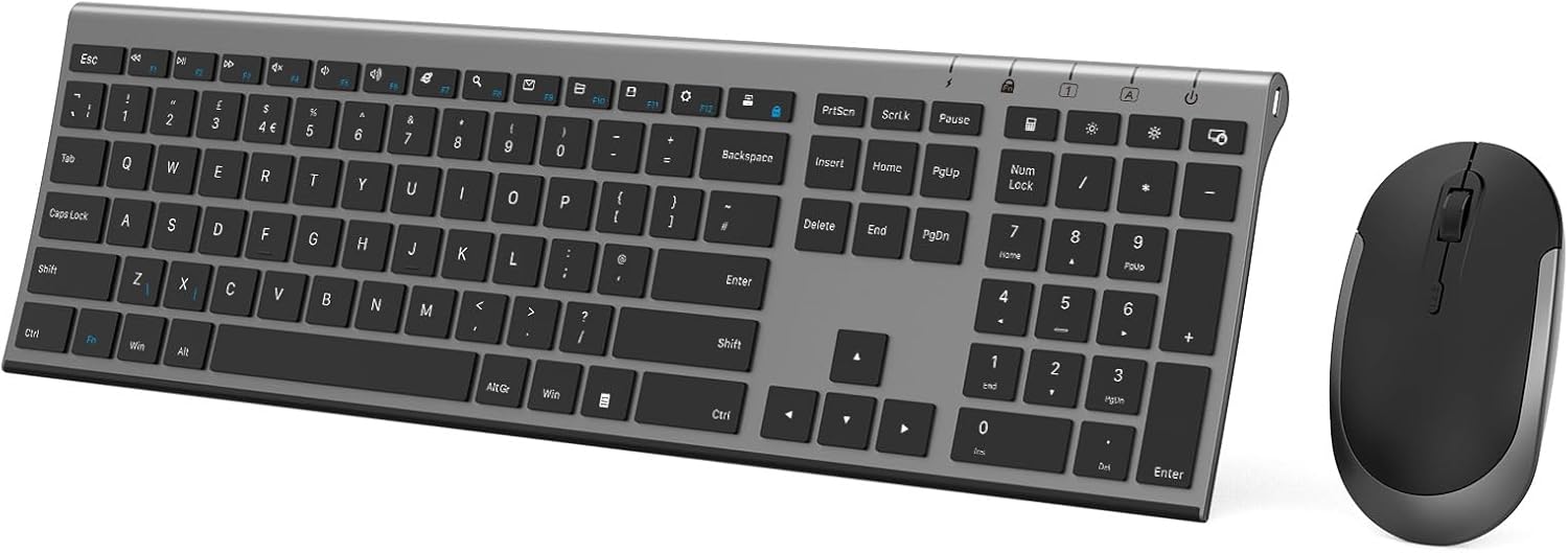 Rechargeable Wireless Keyboard and Mouse Set, seenda Full Size Ultra Thin Quiet USB Keyboard and Mouse QWERTY UK Layout for Windows PC, Computer, Laptop, Space Gray-0