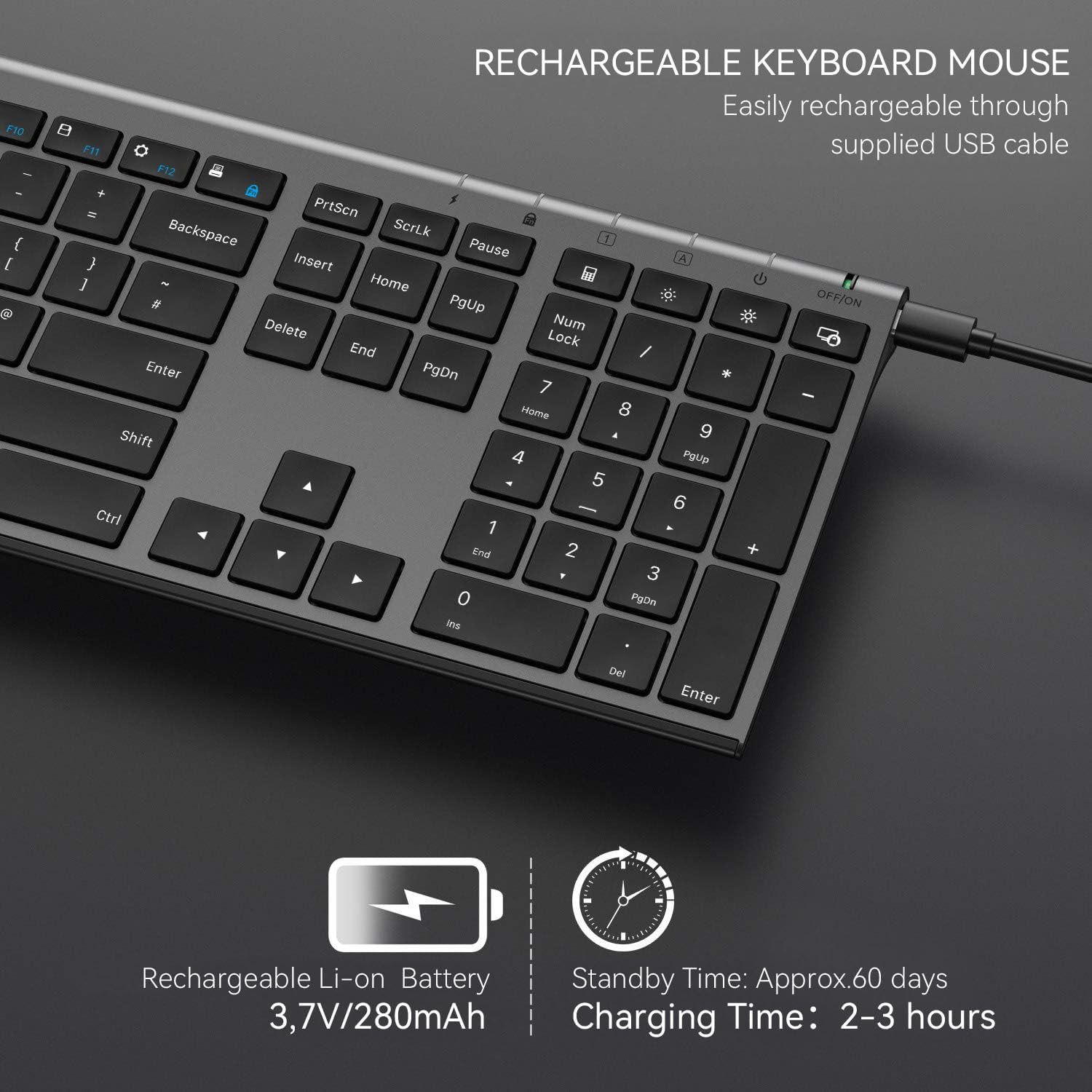 Rechargeable Wireless Keyboard and Mouse Set, seenda Full Size Ultra Thin Quiet USB Keyboard and Mouse QWERTY UK Layout for Windows PC, Computer, Laptop, Space Gray-1