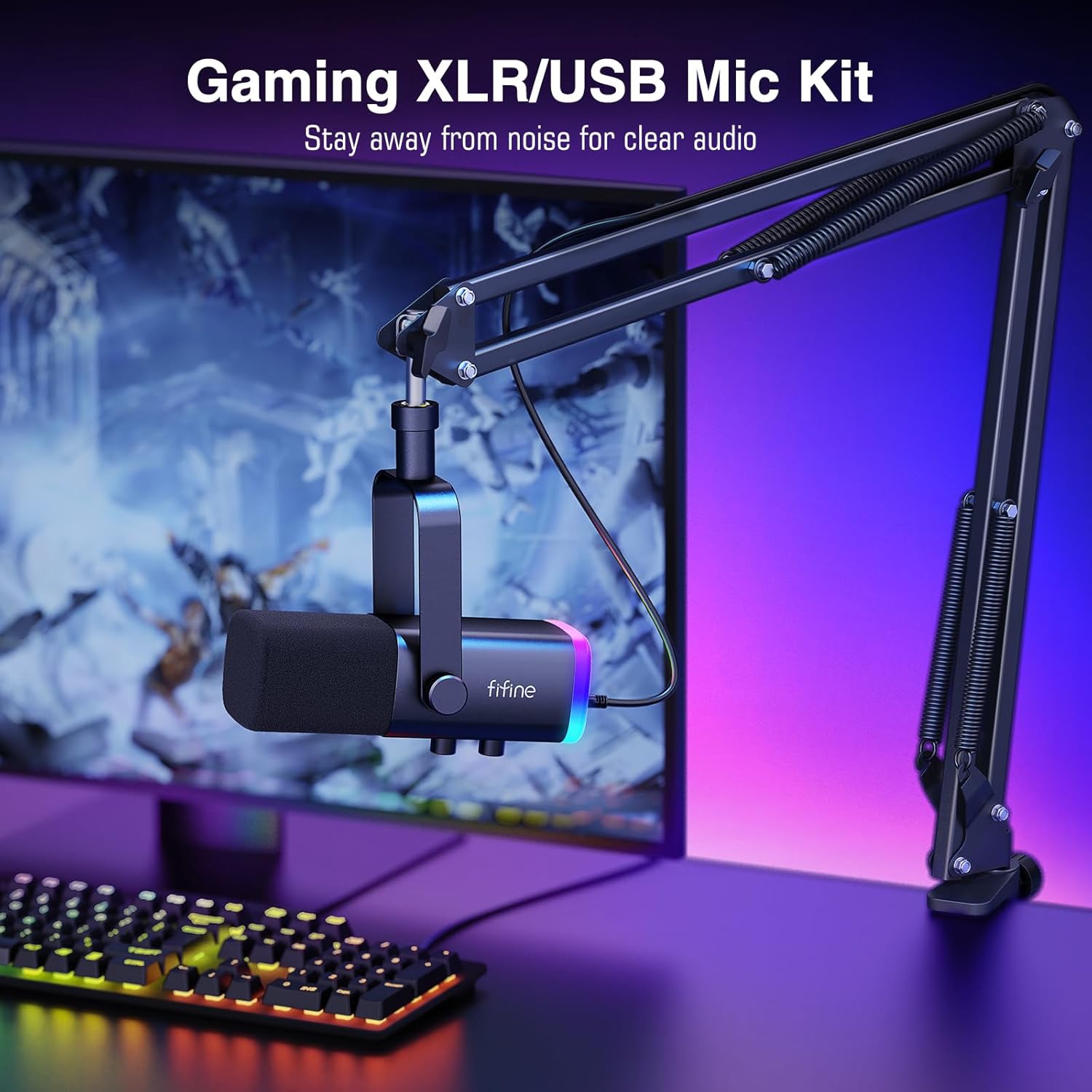 FIFINE Gaming Microphone Kit, XLR/USB Microphone Set for PC/MAC/PS5/Mixer, Boom Arm Stand Dynamic Mic with Controller RGB, Mute Button, Gain Knob, for Podcast Recording, Vocal-AmpliGame AM8T-1