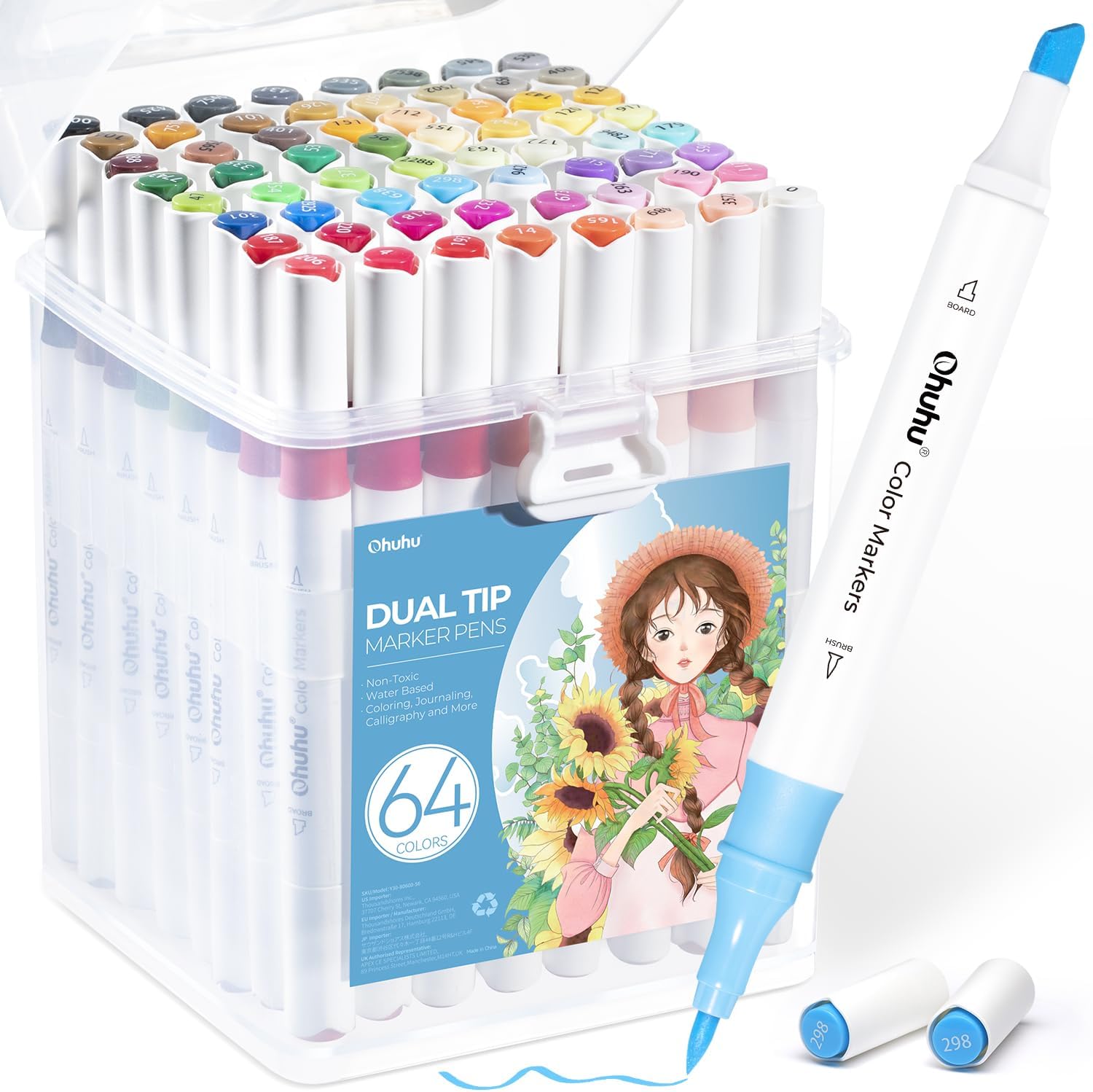 Ohuhu Marker Pens Water-Based, 64 Colours Dual Tip Art Markers Brush Pens for Adults Colouring Pens for Anime Manga Design, Calligraphy, Drawing, and Illustration, Odourless and Washable-0