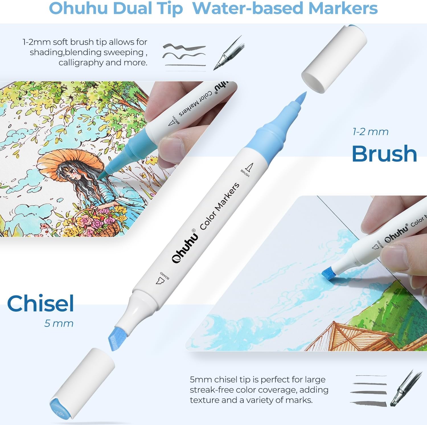 Ohuhu Marker Pens Water-Based, 64 Colours Dual Tip Art Markers Brush Pens for Adults Colouring Pens for Anime Manga Design, Calligraphy, Drawing, and Illustration, Odourless and Washable-1