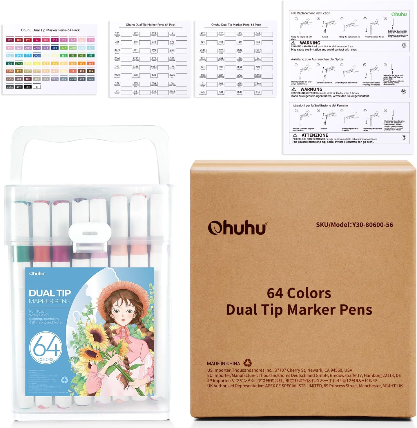 Ohuhu Marker Pens Water-Based, 64 Colours Dual Tip Art Markers Brush Pens for Adults Colouring Pens for Anime Manga Design, Calligraphy, Drawing, and Illustration, Odourless and Washable-12