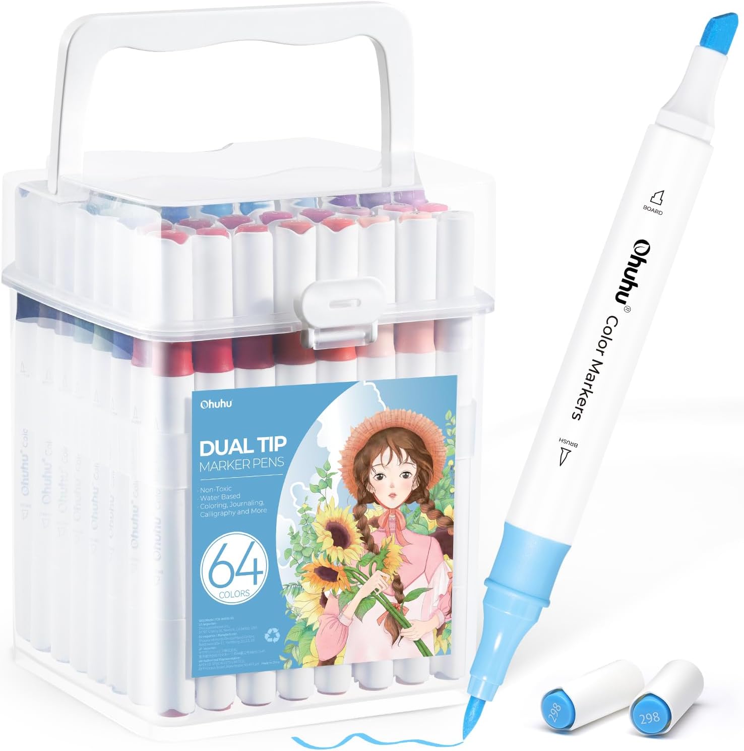 Ohuhu Marker Pens Water-Based, 64 Colours Dual Tip Art Markers Brush Pens for Adults Colouring Pens for Anime Manga Design, Calligraphy, Drawing, and Illustration, Odourless and Washable-8