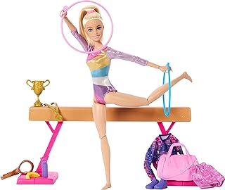 Barbie Gymnastics Doll & Accessories, Playset with Blonde Fashion Doll, C-Clip for Flipping Action, Balance Beam, Warm-Up Suit & More