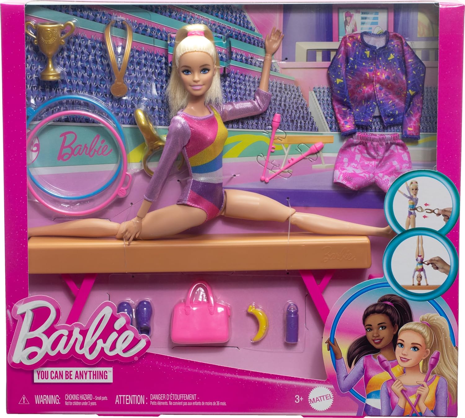 Barbie Gymnastics Doll & Accessories, Playset with Blonde Fashion Doll, C-Clip for Flipping Action, Balance Beam, Warm-Up Suit & More-5