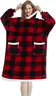 BTGGG Wearable Blanket Oversized Hoodie Blanket Women Cozy Soft Comfy Sherpa Fleece Giant Wearable Hooded Blanket Sweatshirt with Sleeves and Pocket for Women Men Adult, Red Plaid