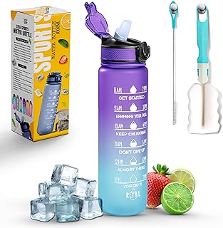 K-MART Sports Water Bottle with Straw and Time Marking, and 32OZ Capacity - Motivational and Eco-Friendly BPA-Free Bottle for Running, Gym, Yoga, Outdoors, and Camping (Style-1, Blue-Purple)