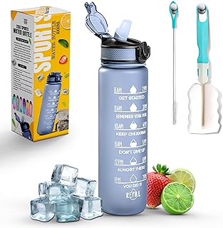 K-MART Sports Water Bottle with Straw and Time Marking, and 32OZ Capacity - Motivational and Eco-Friendly BPA-Free Bottle for Running, Gym, Yoga, Outdoors, and Camping (Style-1, Grey)