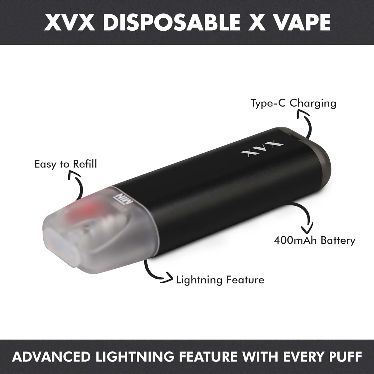 XVX Refillable Rechargeable X VAPE - Rechargeable Disposable Vape Pen Starter Kit Mesh Coil of 1.2Ω, 400mAh Battery E Cigarette Easy Refill with E Liquids Includes Feature of Lightning (Colour Black)-2