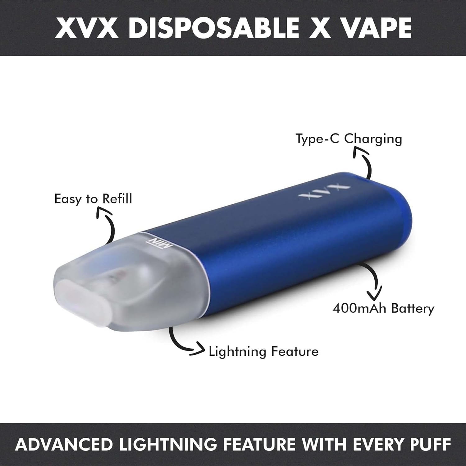 XVX Refillable Rechargeable X VAPE - Rechargeable Disposable Vape Pen Starter Kit Mesh Coil of 1.2Ω, 400mAh Battery E Cigarette Easy Refill with E Liquids Includes Feature of Lightning (Colour Blue)-2