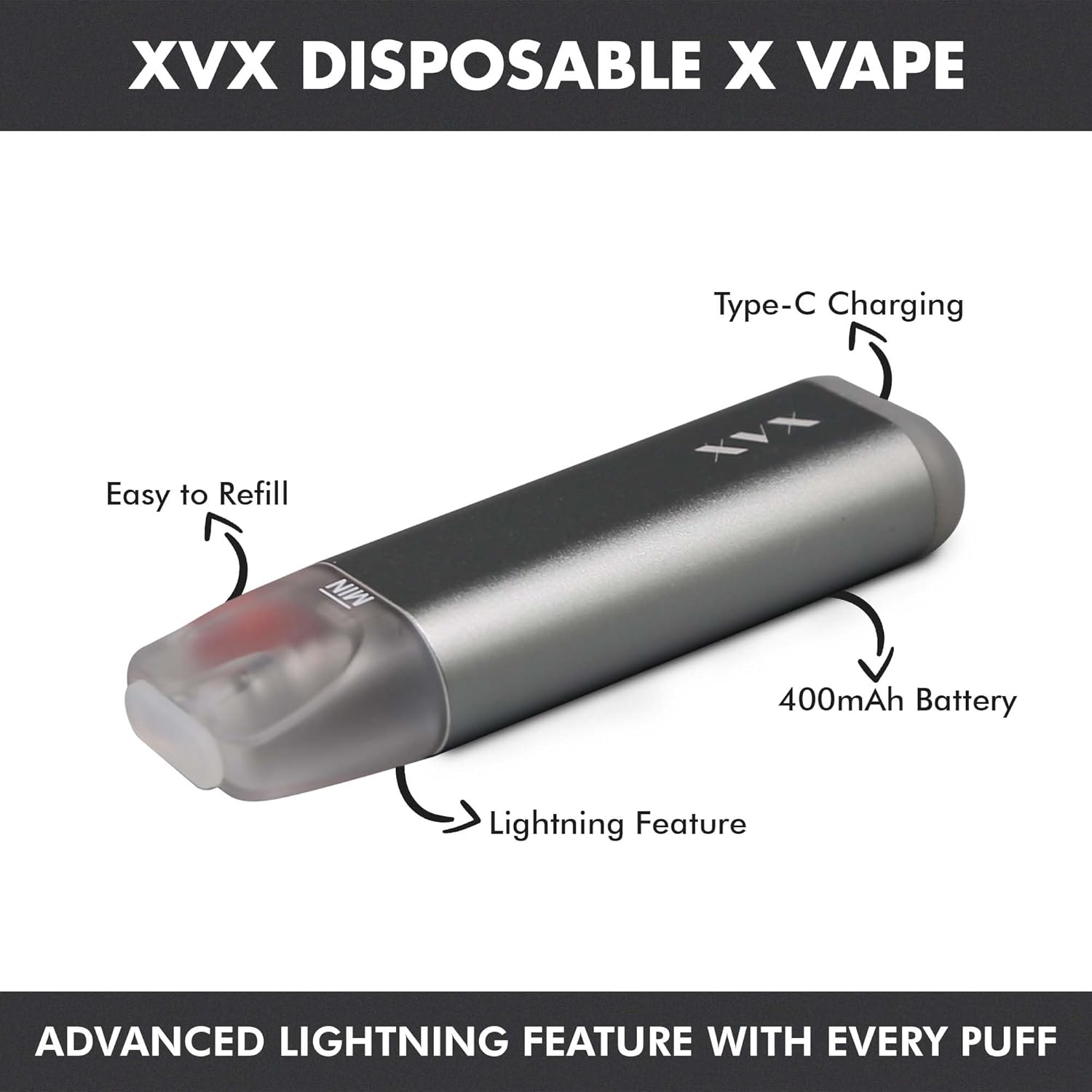 XVX Refillable Rechargeable X VAPE - Rechargeable Disposable Vape Starter Kit Mesh Coil of 1.2Ω, 400mAh Battery Easy Refill with E Liquids Includes Feature of Lightning with Every Puff (Colour Silver)-2