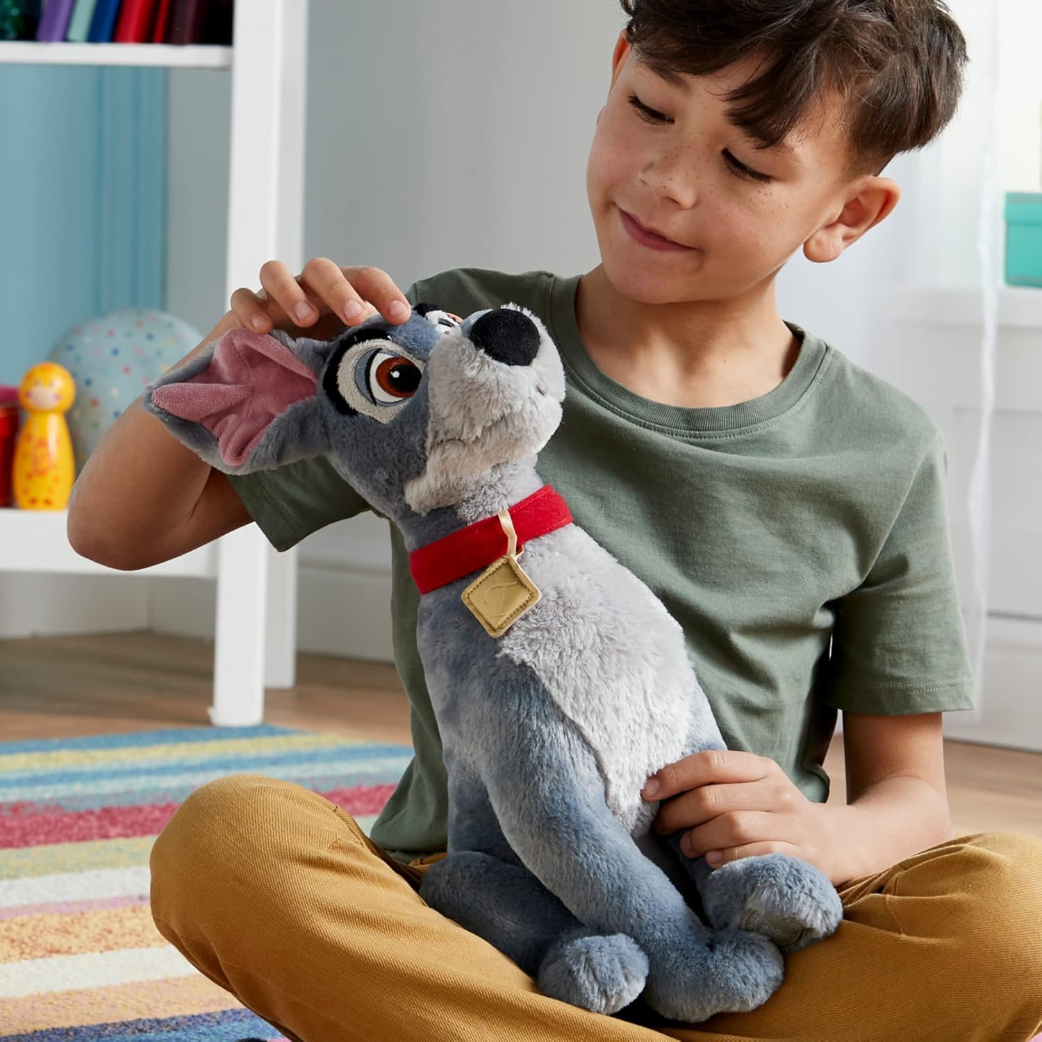 Disney Store Official Tramp Medium Soft Toy, Lady and The Tramp, 36cm/14”, Grey Dog Plush Character Figure with Red Collar Embroidered Details, Suitable for Ages 0+-3