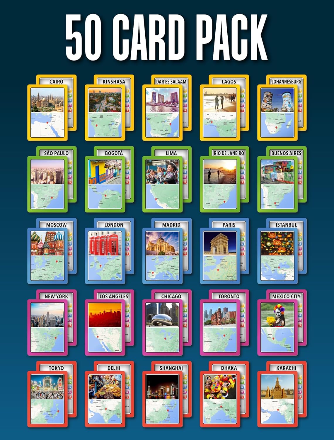 100 PICS SMART CARDS Megacities, 7 games in 1, Pairs, Snap, Trumps, Rummy, Memory Quiz, Learn Facts, 50 Cards, Travel Game, Gift, Stocking Filler, Age 5+, 1-8 Players-5