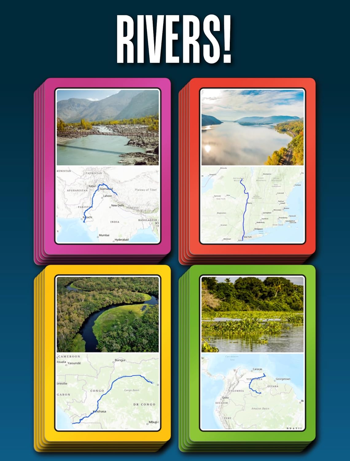 100 PICS SMART CARDS Rivers, 7 games in 1, Pairs, Snap, Trumps, Rummy, Memory Quiz, Learn Facts, Travel Game, Gift, Stocking Filler, Age 5+, 1-8 Players-1