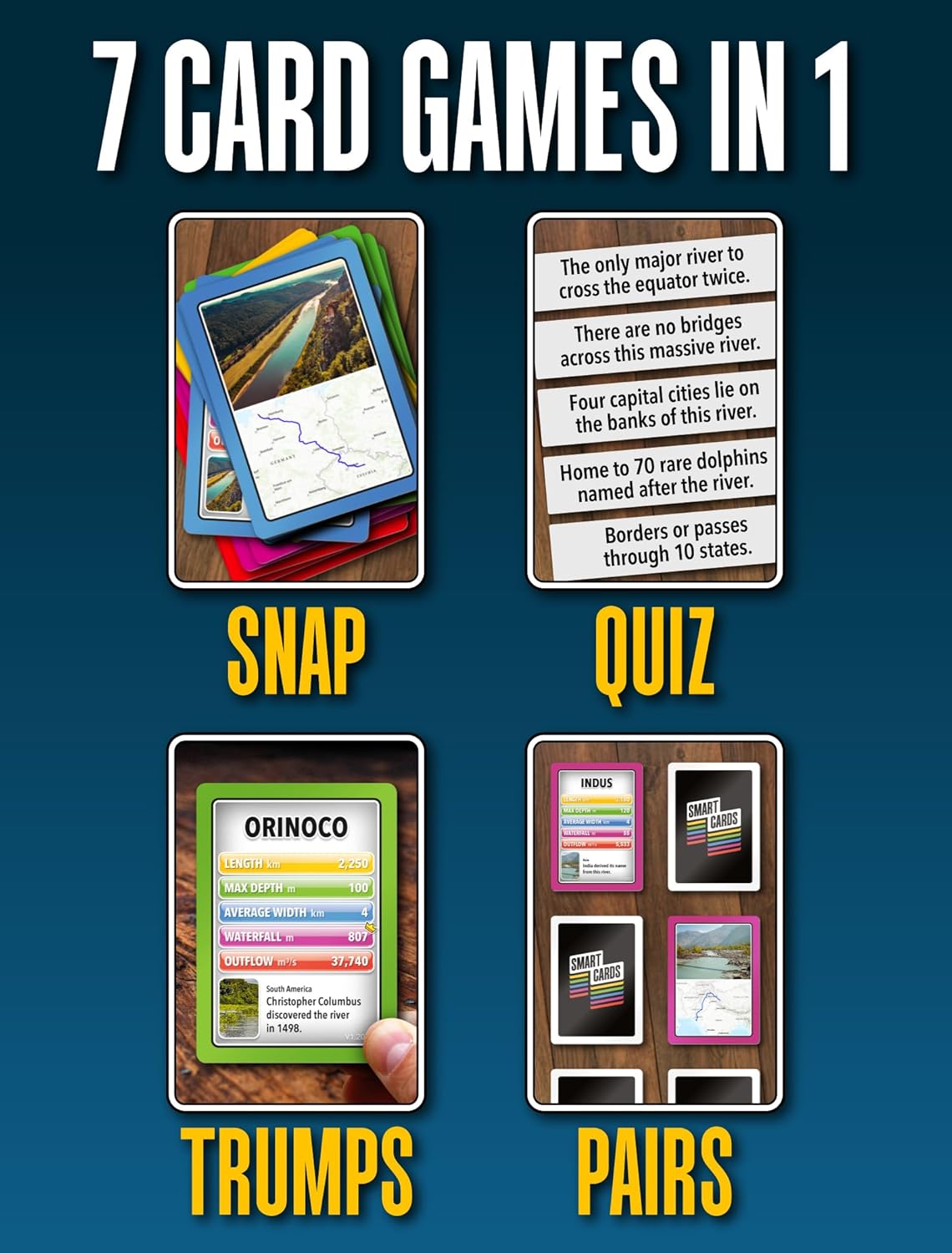 100 PICS SMART CARDS Rivers, 7 games in 1, Pairs, Snap, Trumps, Rummy, Memory Quiz, Learn Facts, Travel Game, Gift, Stocking Filler, Age 5+, 1-8 Players-2