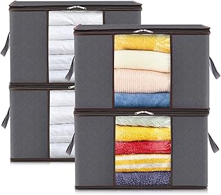 Lifewit 4 Pack Large Clothes Storage Bags Boxes with Lids, 75L Wardrobe Storage Organiser Packing Boxes for Moving House with Reinforced Handle Thick Fabric for Clothing Towel Blanket Bedding, Grey