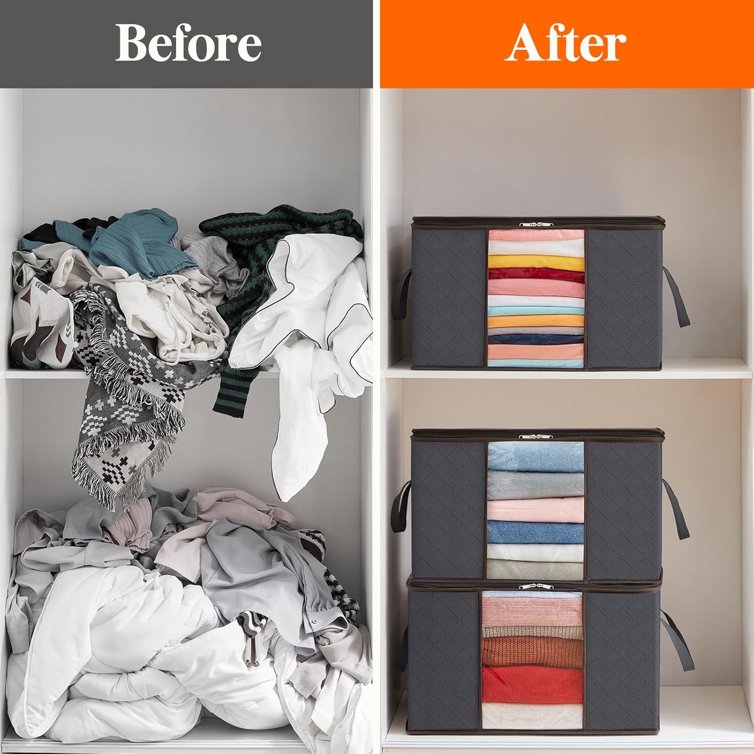 Lifewit 4 Pack Large Clothes Storage Bags Boxes with Lids, 75L Wardrobe Storage Organiser Packing Boxes for Moving House with Reinforced Handle Thick Fabric for Clothing Towel Blanket Bedding, Grey-4