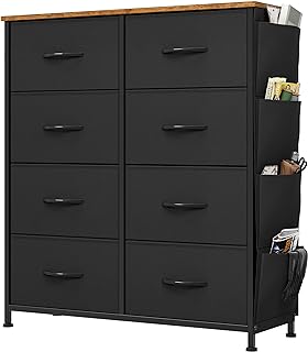 YITAHOME Chest of Drawers, Dresser with side pockets & hooks, Fabric 8 Drawers with Handles, Metal Frame, Wood Top, for Bedroom,Living Room,Nursery Room,Hallway, Black