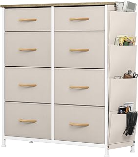 YITAHOME Chest of Drawers, Dresser with side pockets & hooks, Fabric 8 Drawers with Handles, Metal Frame, Wood Top, for Bedroom,Living Room,Nursery Room,Hallway, Beige