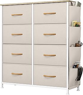 YITAHOME Chest of Drawers, Dresser with side pockets & hooks, Fabric 8 Drawers with Handles, Metal Frame, Wood Top, for Bedroom,Living Room,Nursery Room,Hallway, Beige